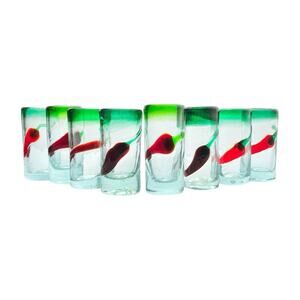 Vintage Mexican Handblown Chili Pepper Set of 8 Double Shot Glasses 3 3/4” 3oz